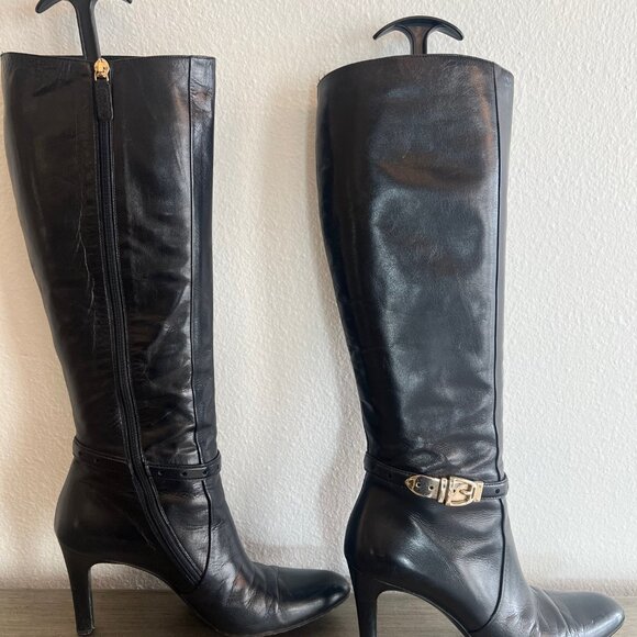 Gucci Black Leather Knee-High Boots with Gold Buckle – Size 7.5B - Picture 10 of 13